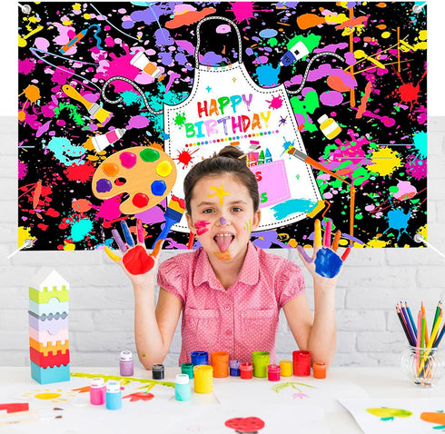 Mocsicka Art Paint Birthday Banner for Kids - Colorful Graffiti Splatter Art Photography Background
