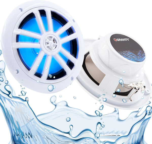 Gravity Marine Speakers - 6.5 Inch 2 Way Waterproof Outdoor Audio System with LED Lights, 350 Watt Power (White)