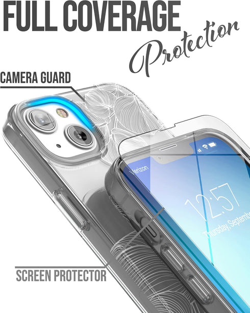 ENCASED Finger Loop Case Designed for iPhone 14 with Strap Grip and Screen Protector (Clear/White Lace Leaf)