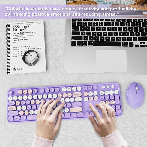 Wireless Keyboard and Mouse Combo, Ergonomic Full Size Typewriter Retro Round Keycaps, Compatible with Windows (Purple)