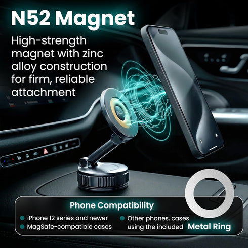 NAIKAAN 360 Magnetic Car Phone Mount, Rotating Suction Mount for Dashboard & Windshield, Strong Hold MagSafe Compatible