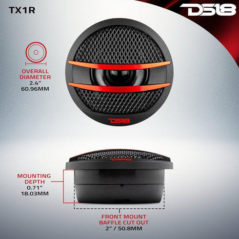 DS18 TX1R 1.38-inch Tweeter Set of 2 (Black/Red) - 200 Watts Max with Mounting Kit