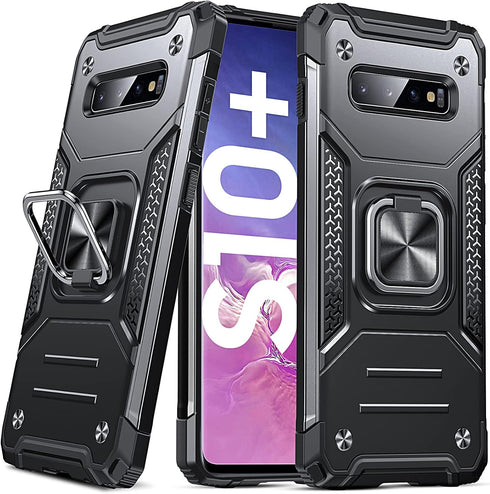 Anqrp Galaxy S10 Plus Case, Military Grade Protective Cover with Enhanced Metal Ring Kickstand, Black