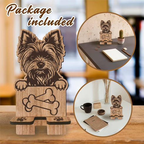 Dog Theme Wooden Phone Holder - Yorkshire Terrier - Charging Station for E-Book, Smart Phones, Tablets, Desktop