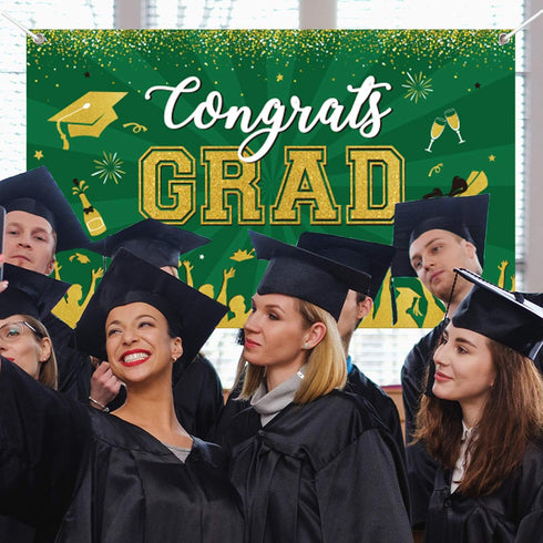 Green Graduation Banner 2025 Congrats Grad, Large Fabric Backdrop for Graduation Party Decoration 71 x 43”