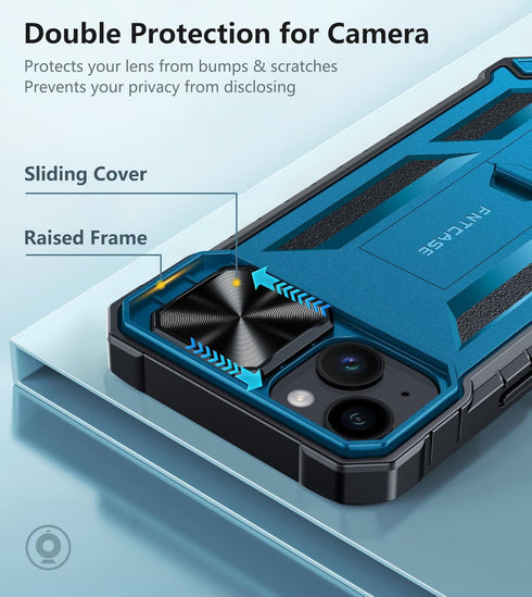 FNTCASE iPhone 15 Plus Case: Rugged Heavy Duty Shockproof Cover with Kickstand | Military Grade Drop Proof Blue TPU