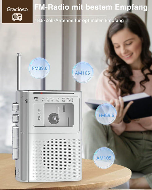Gracioso Portable Cassette Player Recorder with Bluetooth Transmitter, AM FM Walkman with Headphone Jack, Big Speaker,