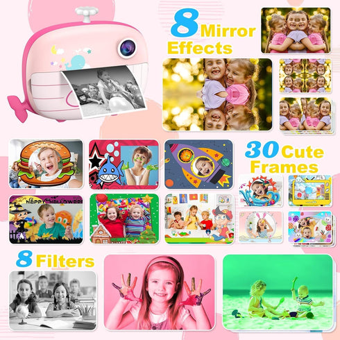 Kids Instant Print Camera, 12MP Ink-Free Printing for Ages 3-10, Selfie Camera for Boys and Girls, Pink