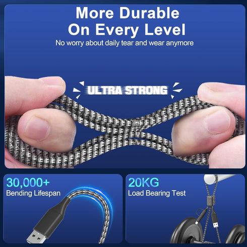 60W 4-in-1 USB C Cable Lightning Cable, 20FT/6M Fast Charging & Data Sync Long Nylon Braided Multi Charger Cord