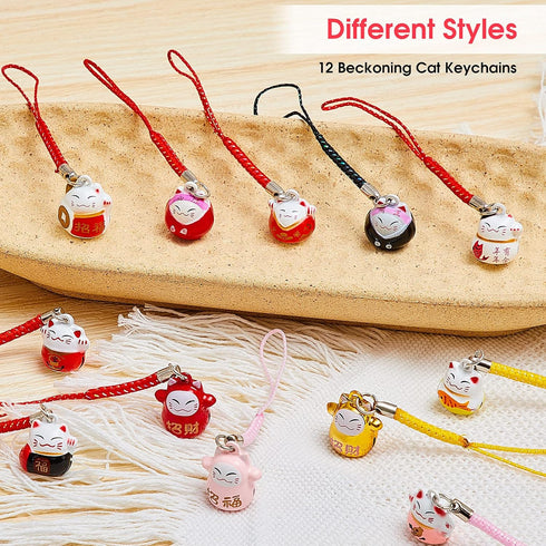 12 Pcs Lucky Cat Keychain Phone Charms, Fengshui Fortune Japanese Beckoning Cat Maneki Neko Pendant for Good Health