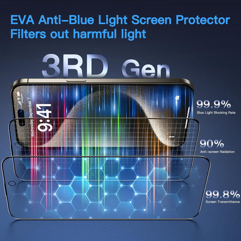 Uyiton Anti-Blue Light Screen Protector for iPhone 15 Pro, Unbreakable Glass, Easy Fit Full Coverage, Scratch