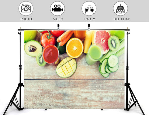 KeyWork 8x8ft Fresh Fruit Smoothie Backdrop Colorful Produce Wooden Table Photography Background for Healthy Themed