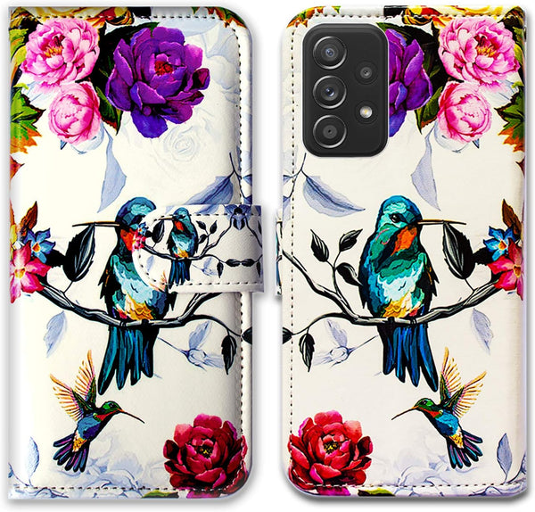 Case for Galaxy A52 5G, Hummingbird in Flowers Leather Flip Phone Case Wallet Cover with Card Slot Holder, Kickstand