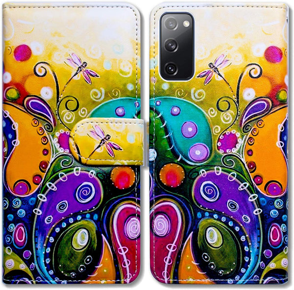 Case for Galaxy S20 FE 5G, Colorful Dragonfly Leather Flip Case Wallet Cover with Card Slot Holder Kickstand