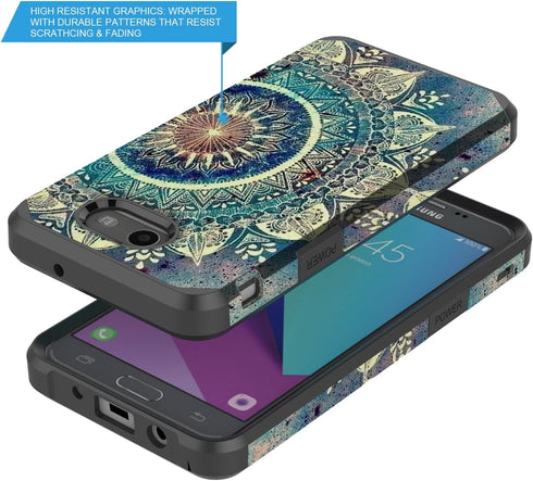 Rosebono Dual Layer Shockproof Hard Cover Graphic Case for Galaxy J7, Green Mandala