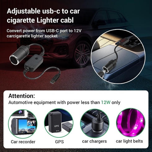 USB C Male to 12V Adapter, USB to Car Cigarette Lighter Socket Converter Cable