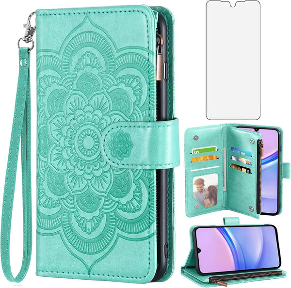 Asuwish Phone Case for Samsung Galaxy A15 5G, Wallet Cover with Tempered Glass Screen Protector, Green