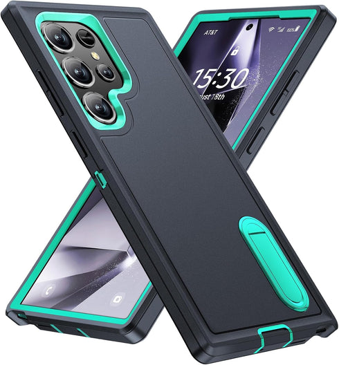 BaHaHoues Samsung Galaxy S24 Ultra Case, Dark Blue/Aqua Blue, with Built-in Kickstand, Shockproof/DropProof Military