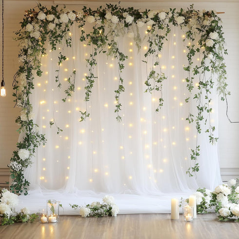 Tulle Backdrop Curtain with Lights String 10FT X 10FT White Sheer Tulle
