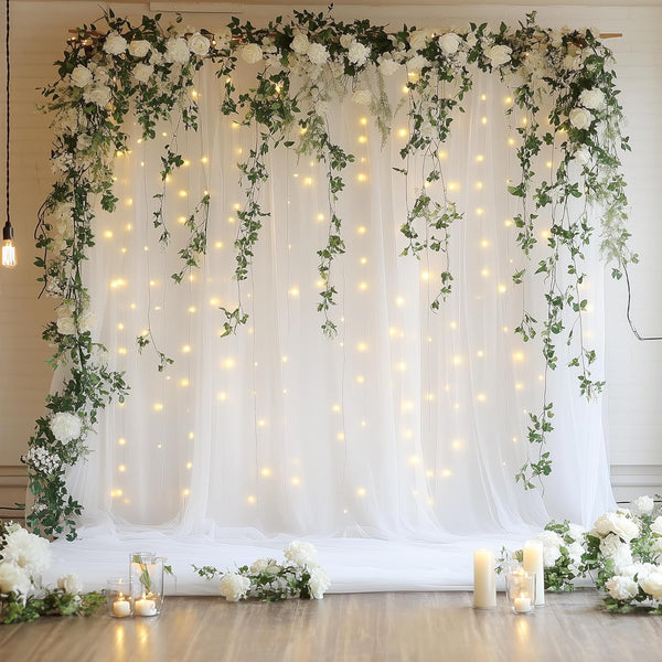 Tulle Backdrop Curtain with Lights String 10FT X 10FT White Sheer Tulle