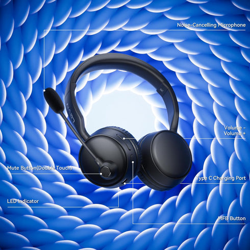 LEVN Bluetooth Headset with Microphone, Wireless Noise Cancelling Headset, 60 Hrs Working Time, Bluetooth 5.3