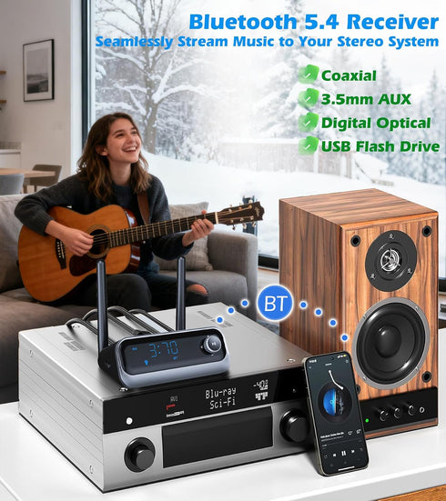 KAIY 3.5mm Bluetooth Receiver for Home Stereo, Low Latency Optical & Coaxial Bluetooth Audio Adapter with AUX, Wireless