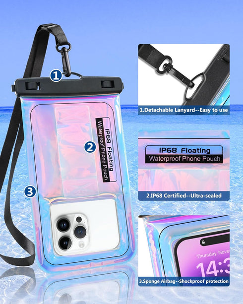 Floating Waterproof Phone Pouch, IPX68 Case with Lanyard for iPhone 15 14 13 12 Pro Max Samsung S24 S23 S22, Dazzling
