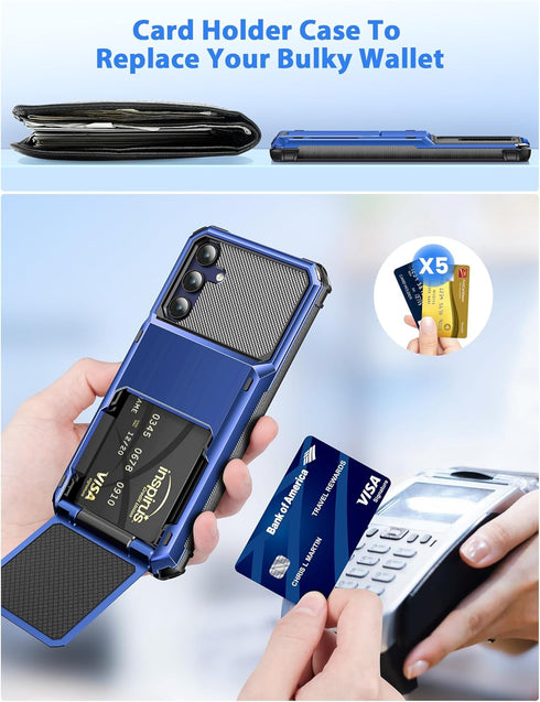 COOYA Samsung Galaxy A15 Case Wallet, 5 Credit Card Holder ID Slot Flip Cover, Dual Layer Protective Blue