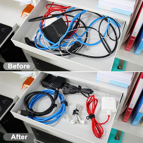 48Pcs Cord Organizer Kit, Reusable Silicone Cable Ties and Strong Adhesive Clips for Cable Management (Black)