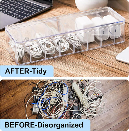 Tatuo 4 Pcs Cable Organizer Box with Wire Ties, Plastic Cord Storage Box with Lid for Home Office Desk Organizers and