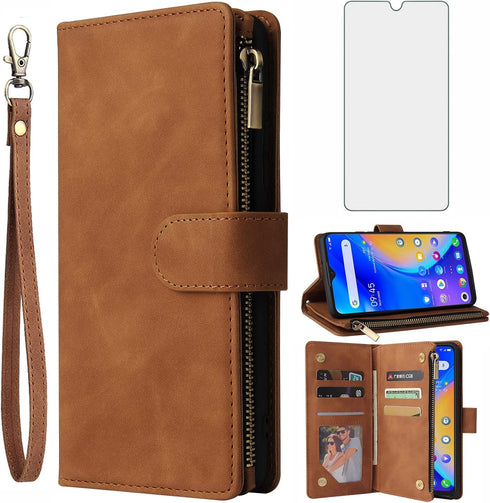 Asuwish Wallet Case for TCL 20 SE 6.82 with Tempered Glass Screen Protector, Flip Cover, Card Holder, Stand, Brown