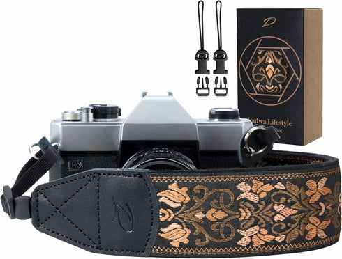 Padwa Lifestyle Camera Strap, 2" Wide Vintage Jacquard Embroidery Flower Strap with Genuine Leather Head