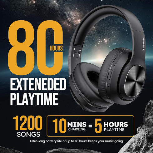 TuneFlux Over Ear Wireless Bluetooth Headphones, 80H Playtime, HiFi Stereo with Deep Bass, Foldable for Smartphone/PC