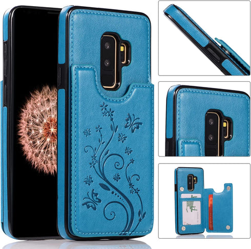 Phone Case for Samsung Galaxy S9 Plus with Tempered Glass Screen Protector, Card Holder Wallet Cover, Stand Flip