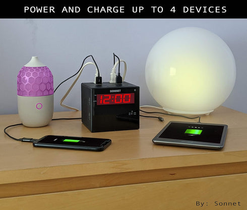 Sonnet Alarm Clock Charging Station, Bluetooth Speaker, AM FM Radio, Dual USB Charging Ports for Heavy Sleepers