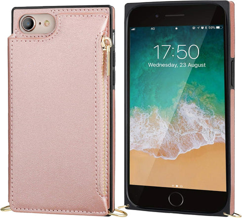 Bocasal Crossbody Wallet Case for iPhone SE 2022/SE 2020/7/8, Shockproof Purse Cover with Card Holder, Rose Gold