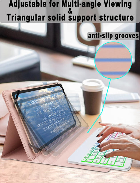 Universal Tablet Keyboard Case with 7 Color Rainbow Backlit Removable Keypad for 9.7"-11" Tablets (Pink)
