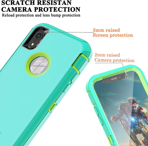 YmhxcY Shockproof Case for iPhone XR, 3-Layer Durable Phone Cover for Apple iPhone XR 6.1", Aqua Blue and Lime Green