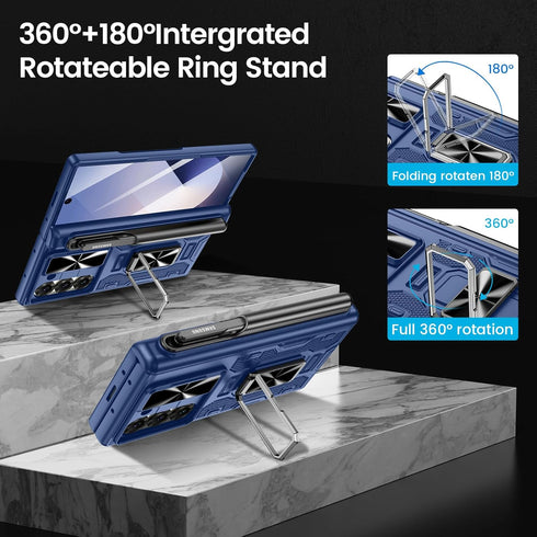 VEGO Blue Case for Samsung Galaxy Z Fold 6 with S Pen Holder, Hinge Protection, 360° Ring Kickstand