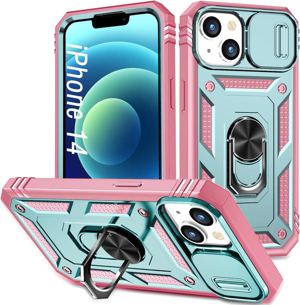 Case for iPhone 14, Shockproof Impact Resistant with Slide Lens Protective Cover, 6.1 inch (Pink Green)