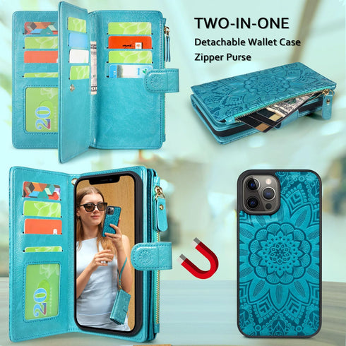 Harryshell Compatible with iPhone 12 Pro Max Case - Wallet Detachable Magnetic Zipper Leather Holder (Floral Blue Green)