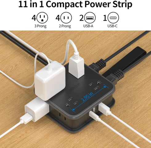 NTONPOWER Flat Plug Power Strip - 5 ft Extension Cord with Multiple Outlets, 8 Widely Outlets with 3 USB (1 USB C), 3 Side Outlet Extender, Overload Protection, Wall Mount for Home Office Dorm Room