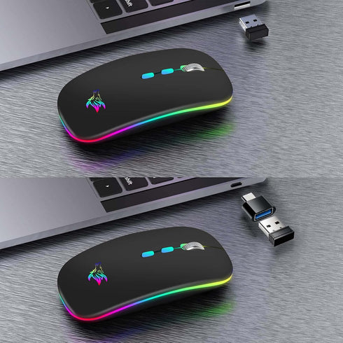 HOTLIFE Slim Rechargeable LED Wireless Mouse, Portable USB Optical 2.4G Bluetooth Computer Mice with Type C Adapter