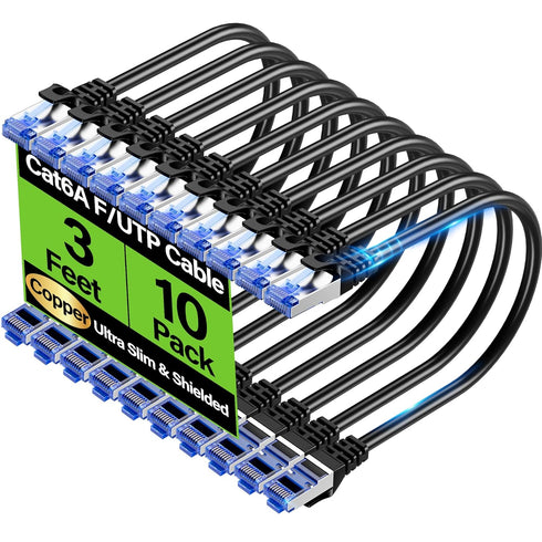 TuokaJu Cat6A Ethernet Cable Shielded 10Gbps 3 ft (10 Pack), Slim Shielded (F/UTP)