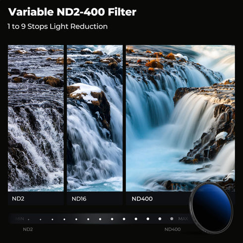 K&F CONCEPT 49mm ND2-ND400 (1-9 18 Variable ND Lens Filter Stops) Multi-Layer Coatings Adjustable Neutral Density Ultra