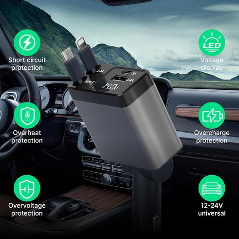 Retractable Car Charger, 4 in 1 Fast Phone Adapter 66W, USB Car Charger with Retractable Cables, Compatible with iPhone