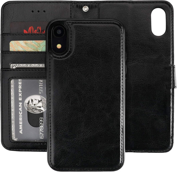 Bocasal iPhone Xr Wallet Case, PU Leather Magnetic Detachable Kickstand, Shockproof, Black