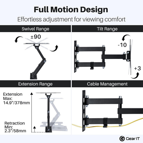 GearIT Full Motion TV Wall Mount for 23 to 43 inch TVs, Up to 66lbs, Swivel, Tilt, Articulating Arm, Vesa 75 100 200