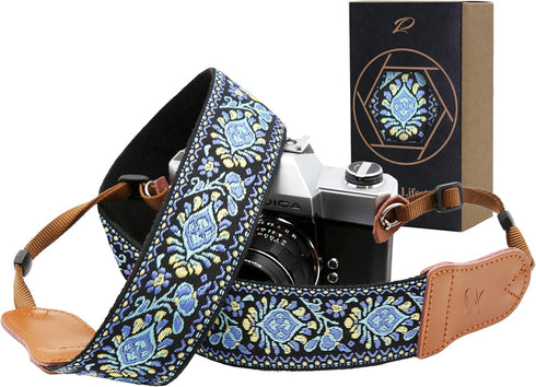 Padwa Lifestyle Camera Strap - 2" Wide Double Layer Cowhide Ends, Vintage Cotton Padded Strap for All DSLR Cameras, Blue