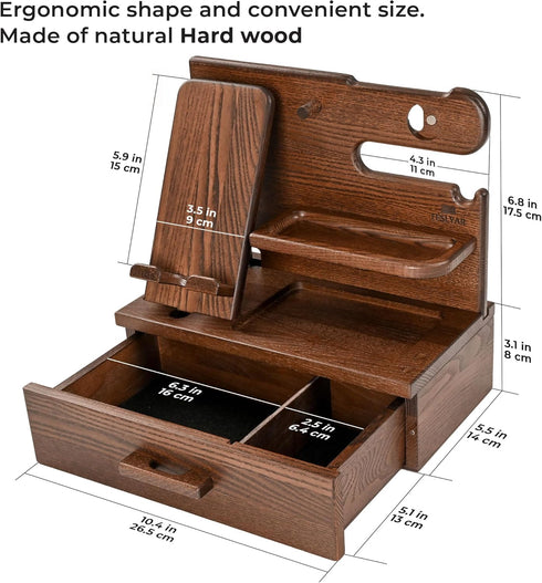 TESLYAR Wood Phone Docking Station with Drawer, Desk Accessories & Workspace Organizer for Nightstand (Brown)